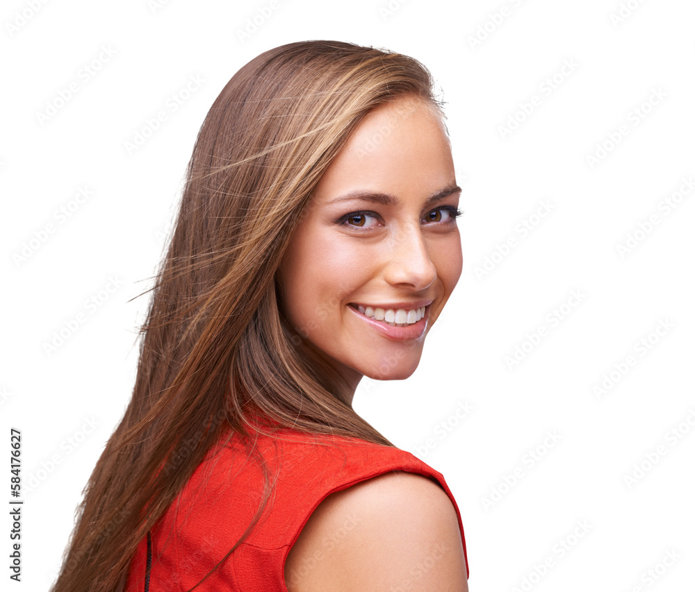 Smile, beauty and portrait of a woman on an isolated, transparent png background with a positive min