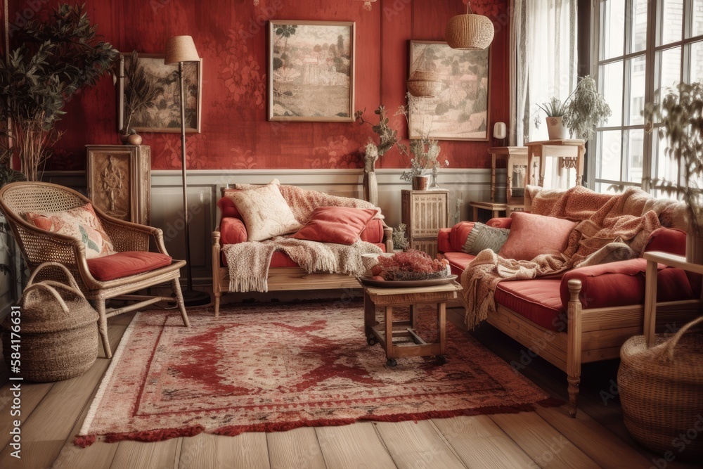 Antique red and beige living room with rattan furniture, parquet floor, and wallpaper. Farmhouse dec