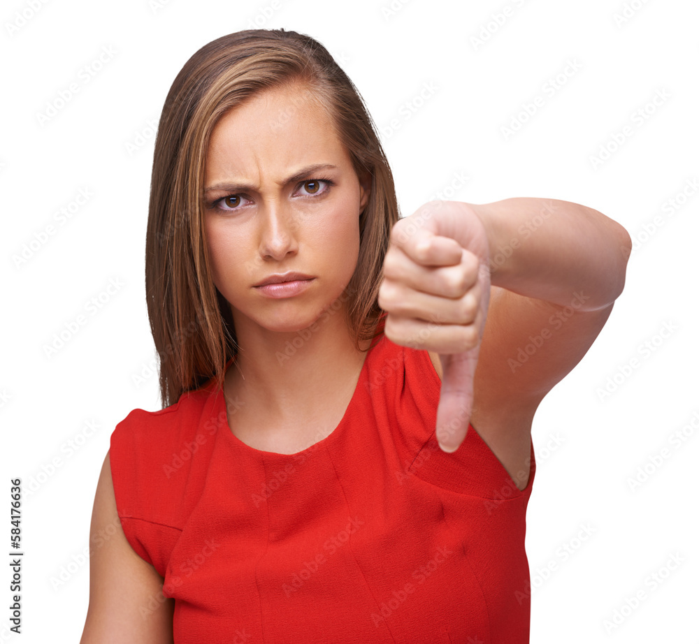 Woman, hand and thumbs down to disagree, failure or disapproval on an isolated and transparent png b