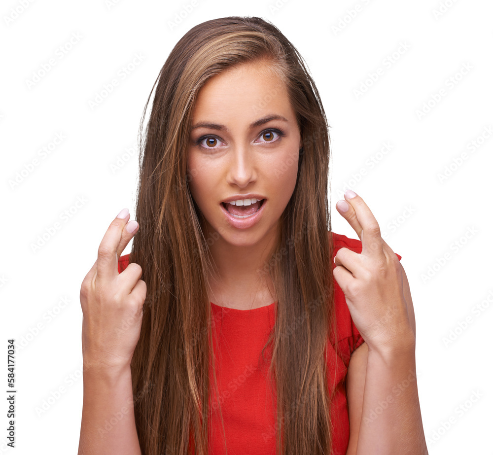 Wish, hope and portrait of a woman with fingers crossed on an isolated and transparent png backgroun