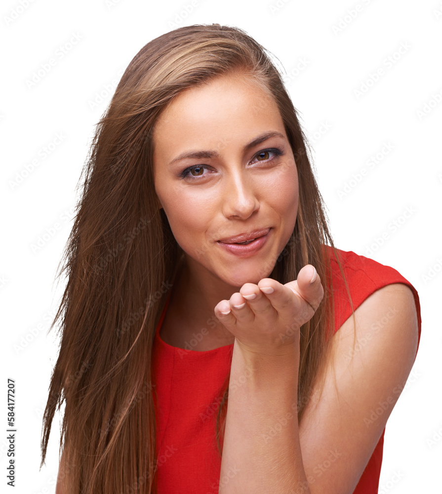 Woman, blow kiss and model portrait on an isolated and transparent png background to show love and h