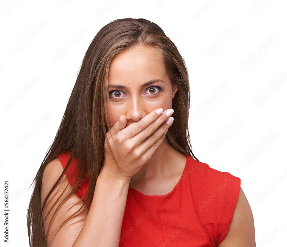 Woman, portrait and face with surprise, shocked and wow emoji with hand covering mouth while speechl