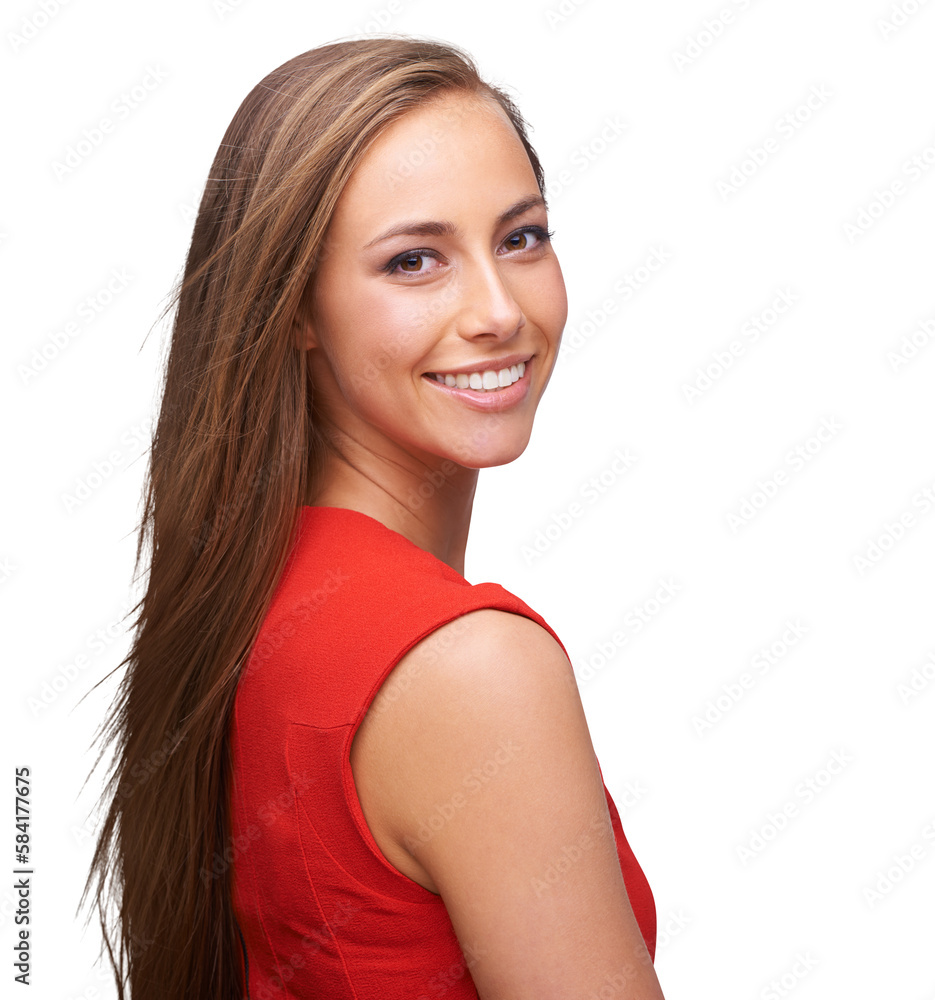 Happy, smile and portrait of a woman with a beauty, makeup and cosmetic face on an isolated and tran