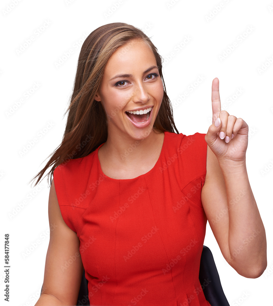 Young happy woman pointing up with finger for idea, solution or plan on an isolated and transparent 