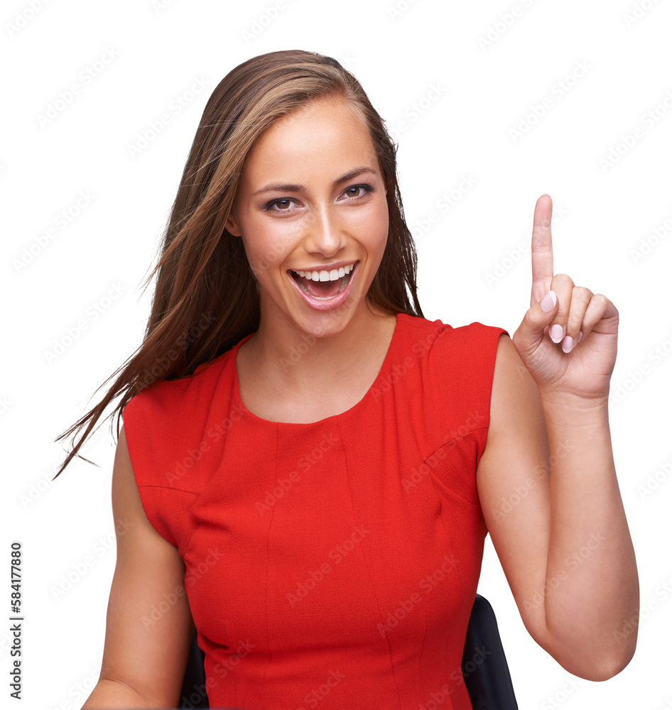 Woman, happy and smile pointing up with finger for idea, solution or plan on an isolated and transpa