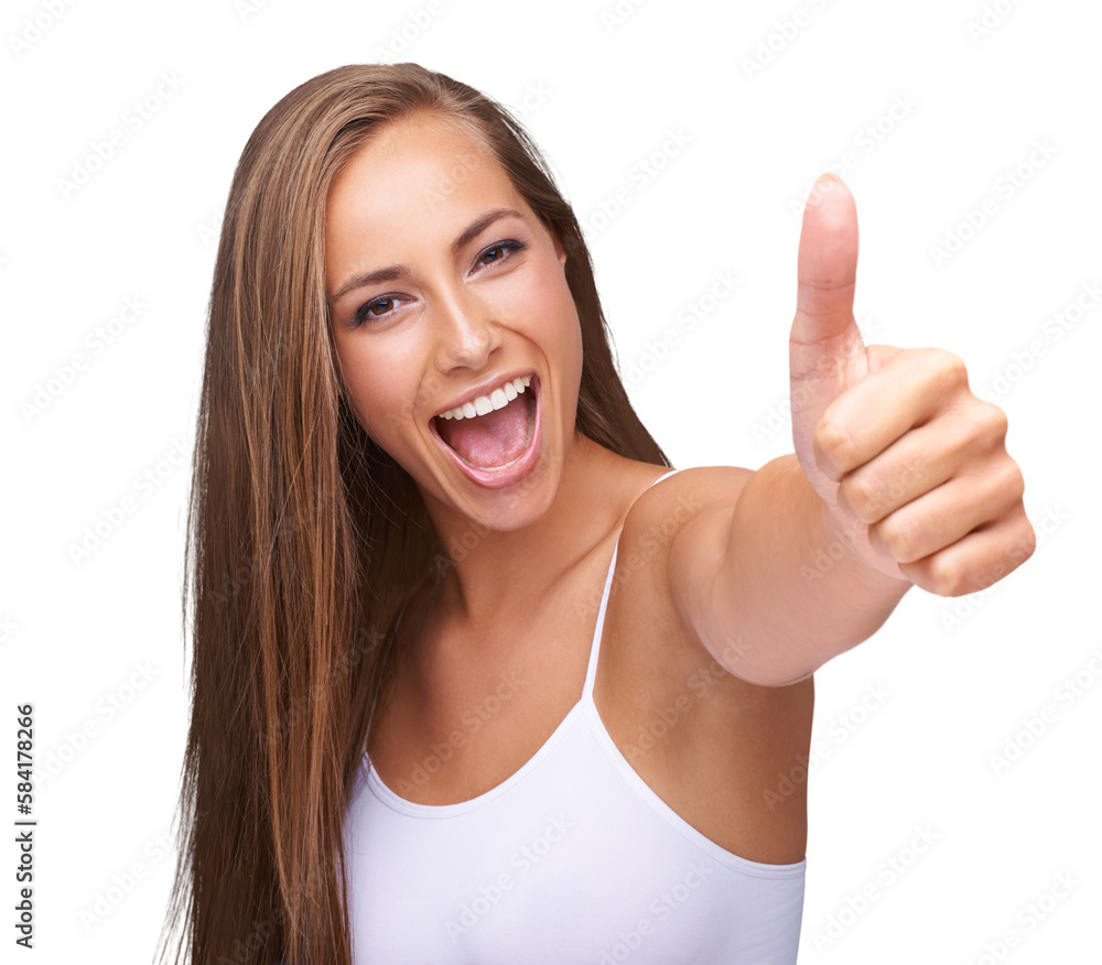 Thumbs up, winner and portrait of a woman with success, smile and model with a hand emoji sign for a