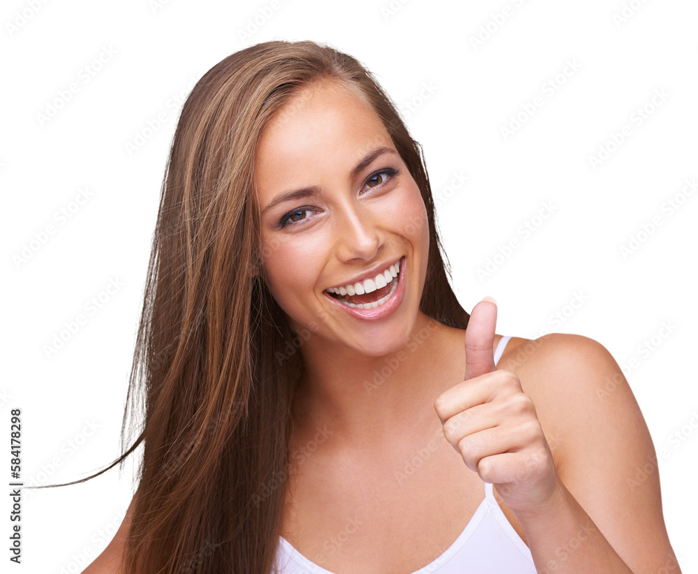 Thumbs up, woman portrait winning, success or goal achievement on isolated, transparent png backgrou