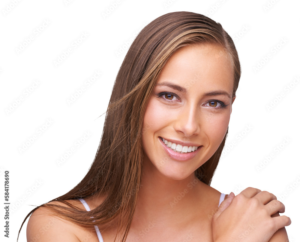 Cosmetic, happy and portrait of a woman with a makeup, face or natural routine on an isolated and tr