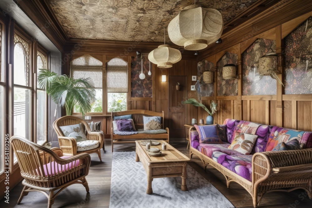 Bohemian timber living room with wallpaper, parquet, and cane ceiling. White and purple sofa, jute f