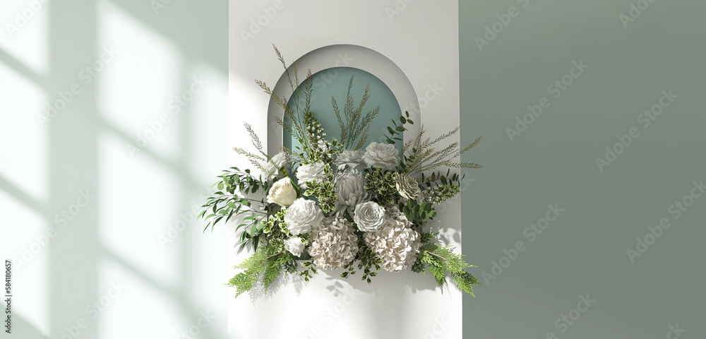 Double layer wooden wedding backdrop stand with ache panel, white flowers, greenery, leaf, twig bouq