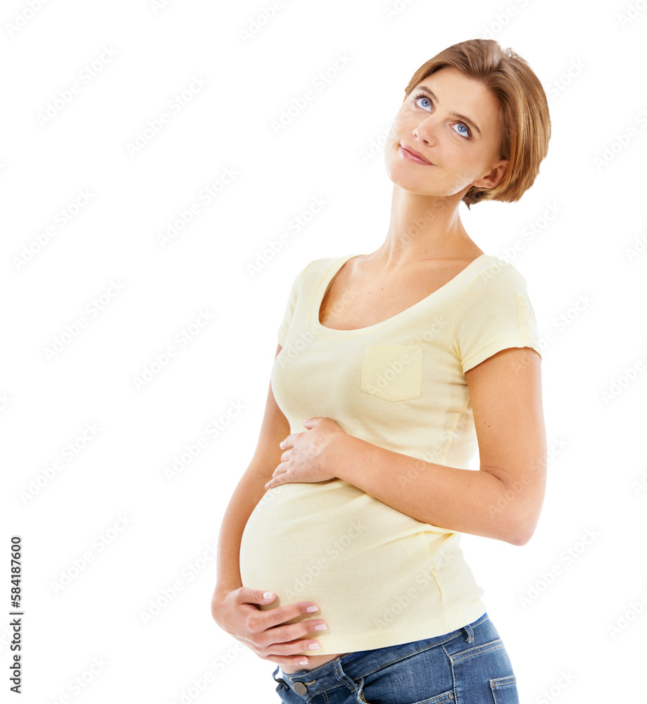 Thinking, portrait and woman pregnancy with stomach holding for love, care and smile. Calm and pregn