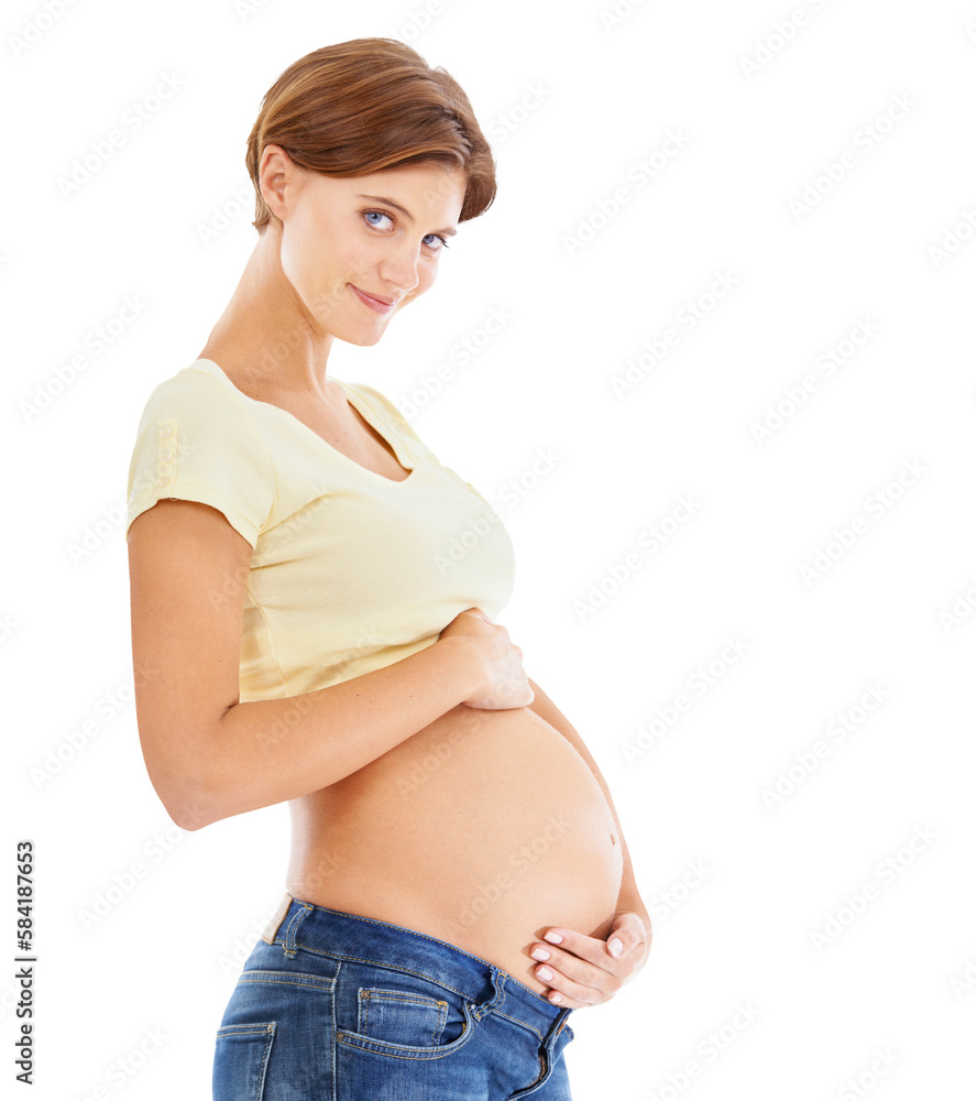 Healthy, woman and pregnancy stomach portrait pregnant with love, care and happy smile. Mother, mom 