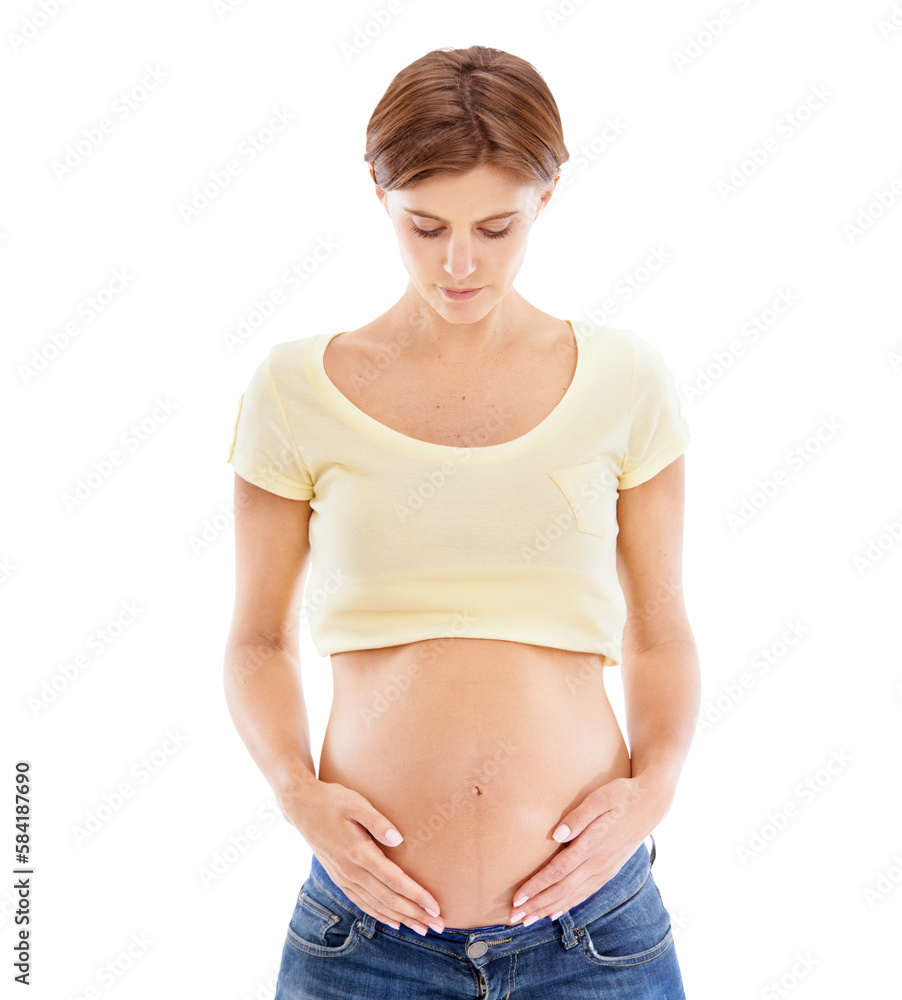 Pregnant woman, touch stomach and body for maternity wellness, hope and healthcare on an isolated an