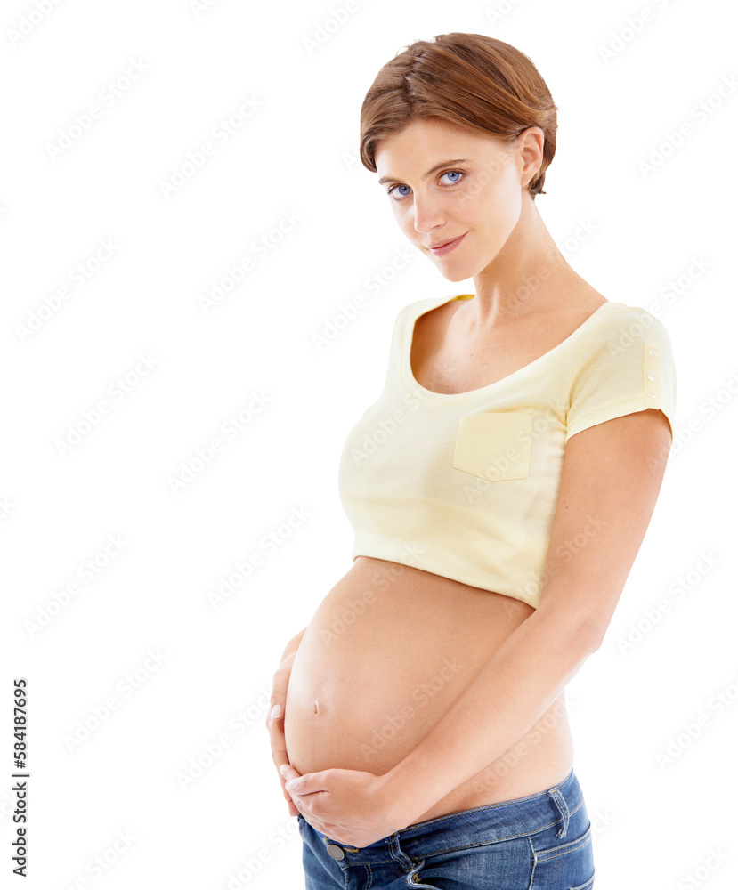 Woman, pregnancy and stomach hold portrait for baby love. Serious mom care, wellness and mother hand