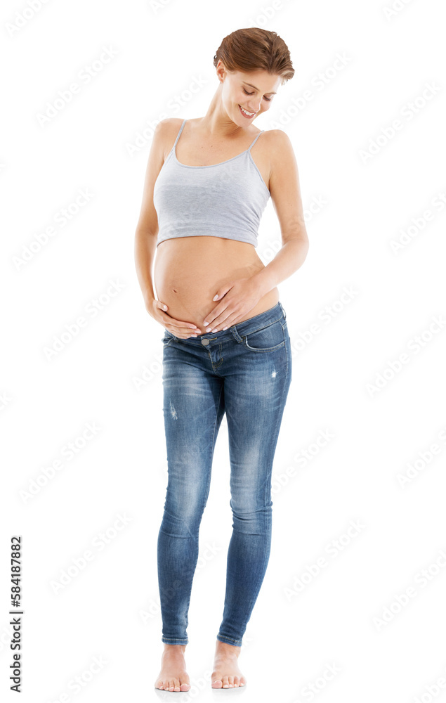 Body of a pregnant woman on an isolated and transparent png background, happy with pregnancy health,