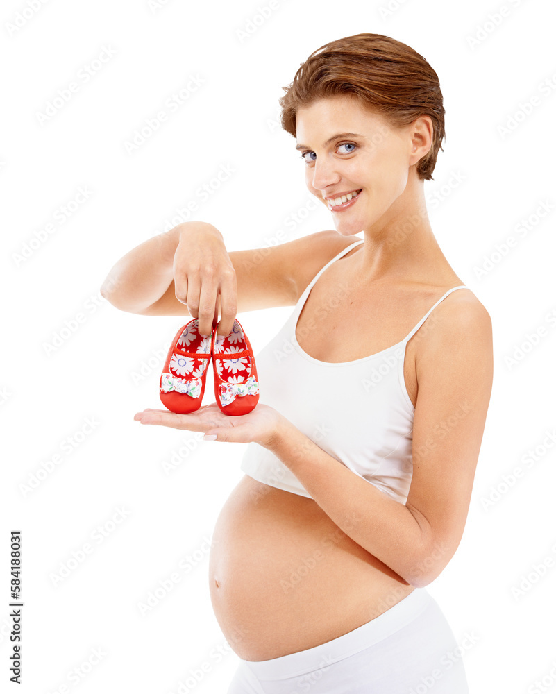 Baby shoes, pregnant woman and mother portrait with happy smile and pregnancy stomach. Young, health