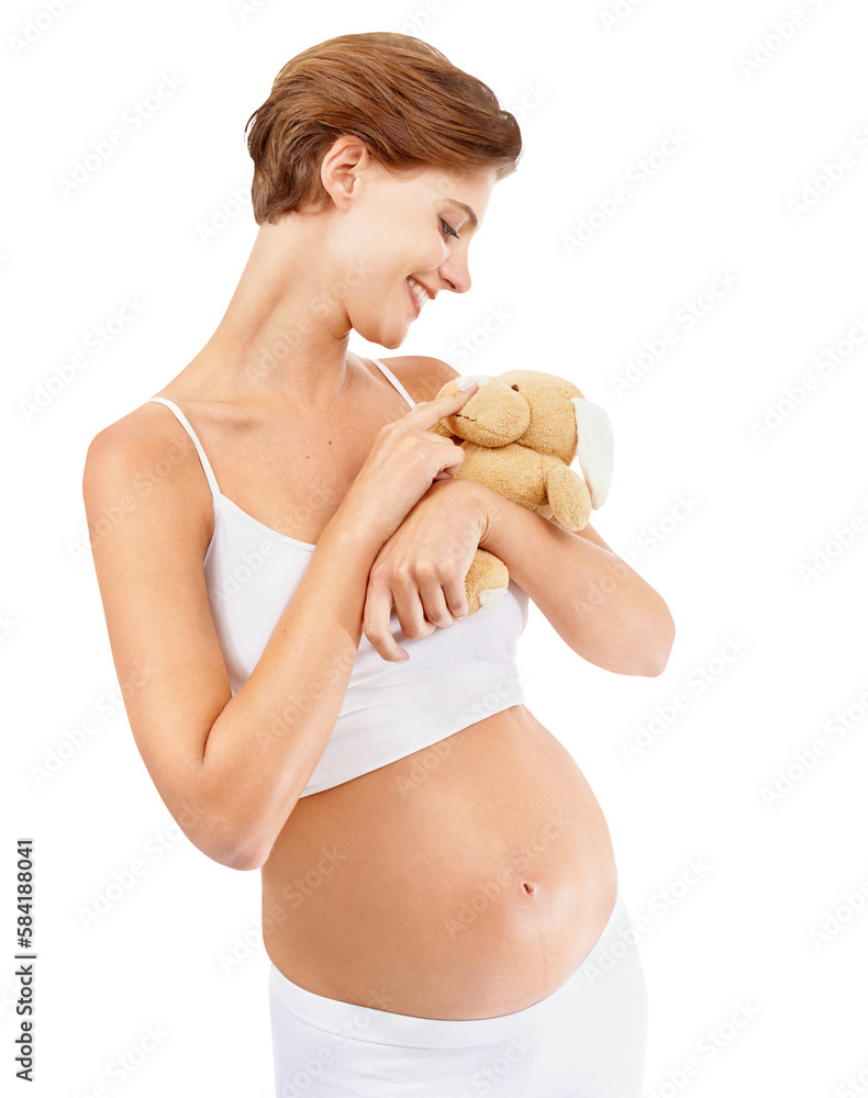 Pregnant woman, teddy bear and happy pregnancy stomach with a mother excited about motherhood. Child