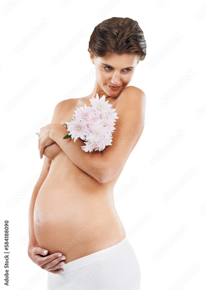 Pregnancy, abdomen and woman with flowers for motherhood on an isolated and transparent png backgrou