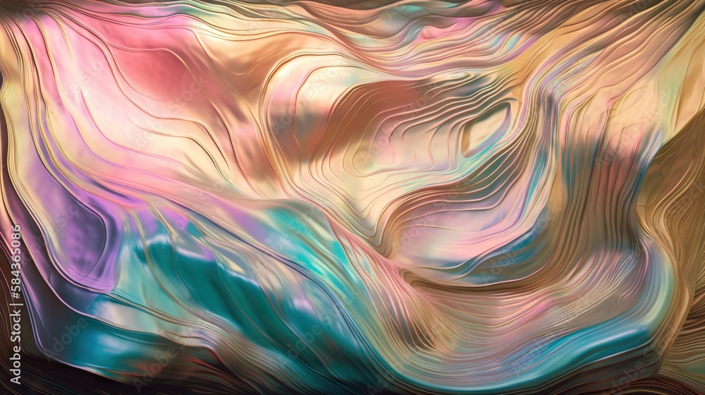 Wavy holographic foil. Neon gradient crumpled surface. Dreamy Y2K background. Generative AI