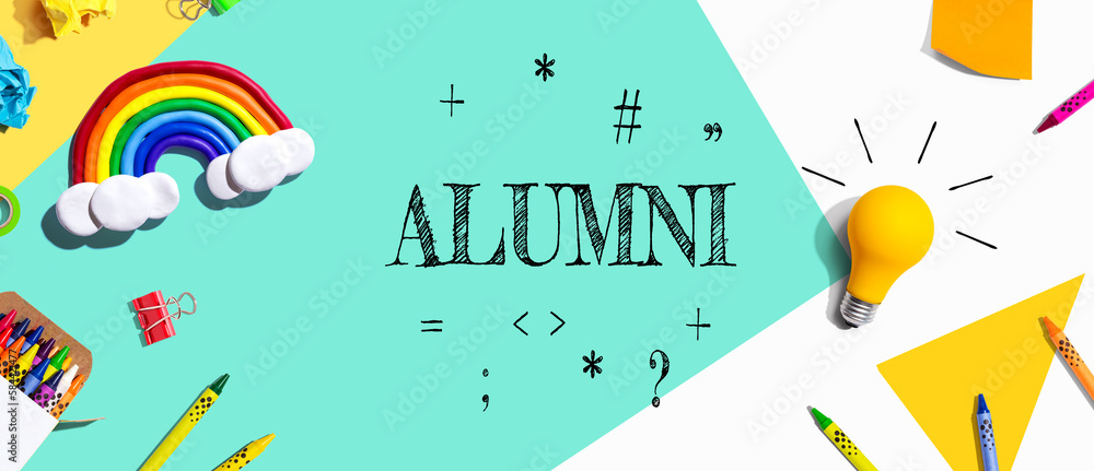 Alumni theme with school supplies overhead view - flat lay