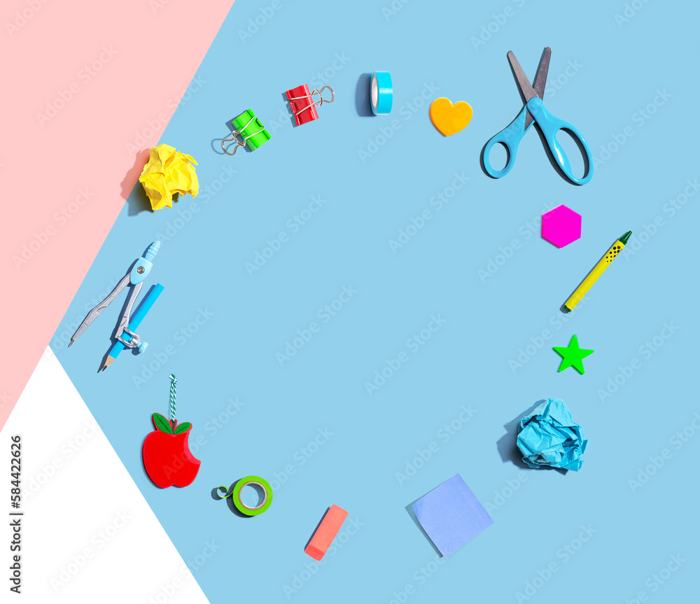 Collection of school supplies overhead view - flat lay