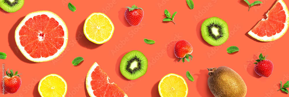 Collection of mixed fruits overhead view flat lay