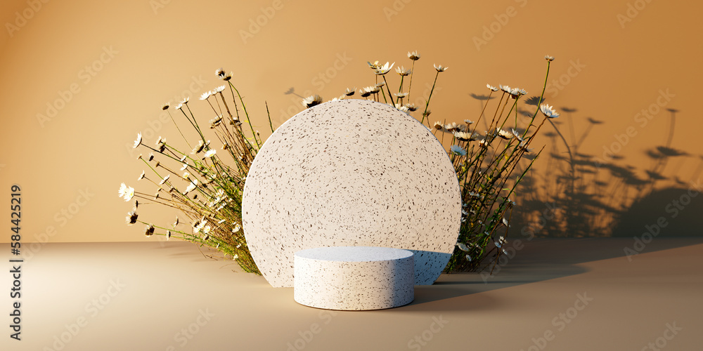 White stone podium with flowers - 3D render