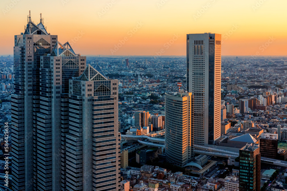 Skyscrapers towering over the cityscape of Nishi-Shinjuku, Tokyo, Japan at sunset