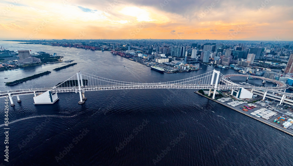 Aerial view of the Rainbow Bridge in Odaiba, Tokyo, Japan