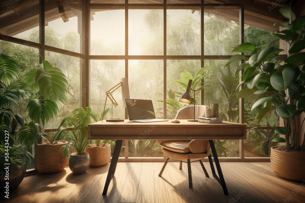  a desk with a laptop on it in front of a window with a view of the jungle outside the window is a c