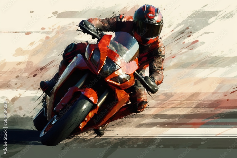  a painting of a person riding a motorcycle on a track with a red helmet and a red and white jacket 