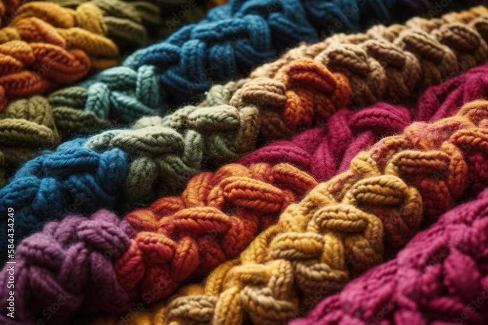  a close up of a bunch of different colored knitted items in a row together on a table top with a bl