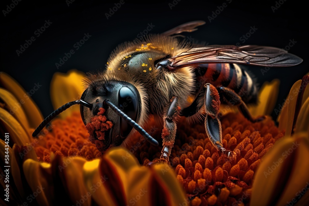  a close up of a bee on a flower with a black back ground and yellow and orange petals in the foregr