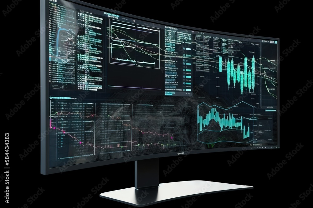  a computer monitor with a lot of data on its display screen and a black background with a green ar