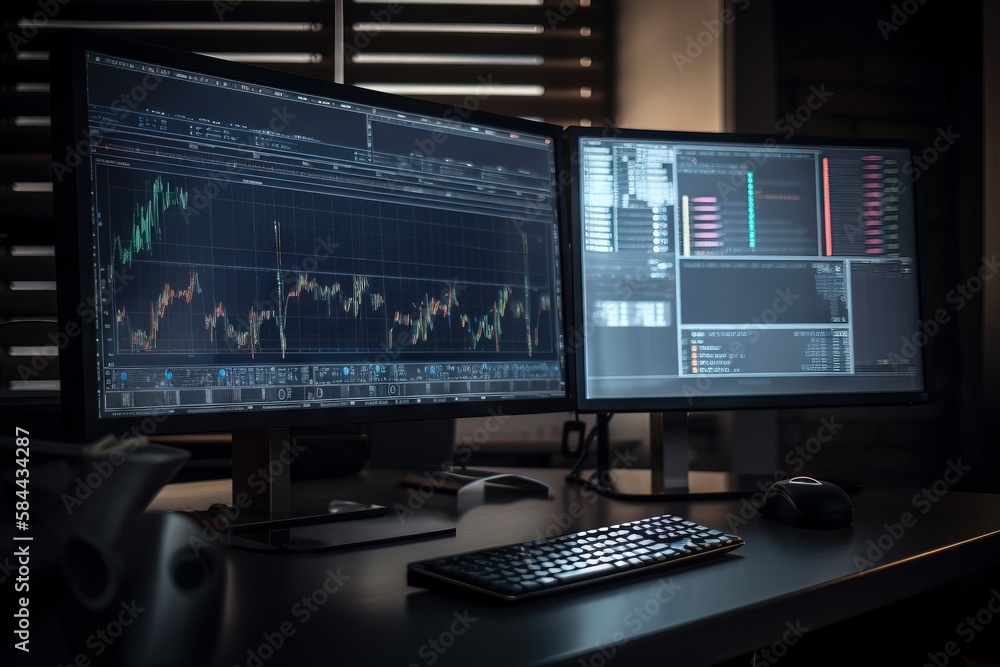  two computer monitors sitting on top of a desk next to a keyboard and a monitor with a chart on the