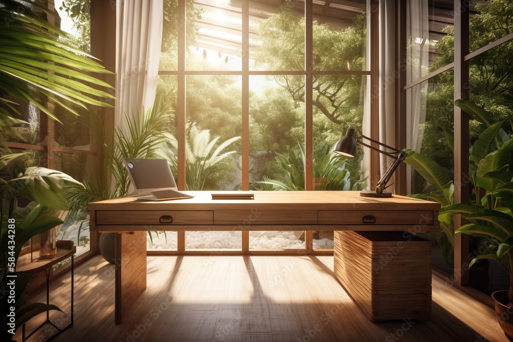  a desk with a laptop on it in front of a window with a view of a forest outside the window and a po