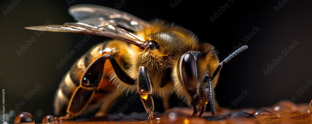  a close up of a bee on a piece of wood with drops of water on its face and wings, with a black bac