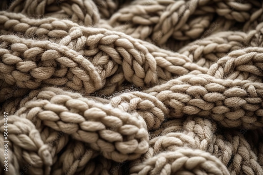  a close up of a pile of rope on a bed of wool or woolen or woolen or woolen, with a very large knot