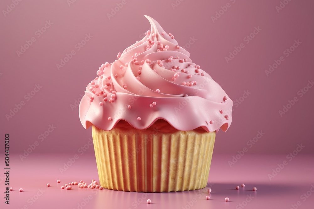  a cupcake with pink frosting and sprinkles on a pink background with a pink background and a pink b