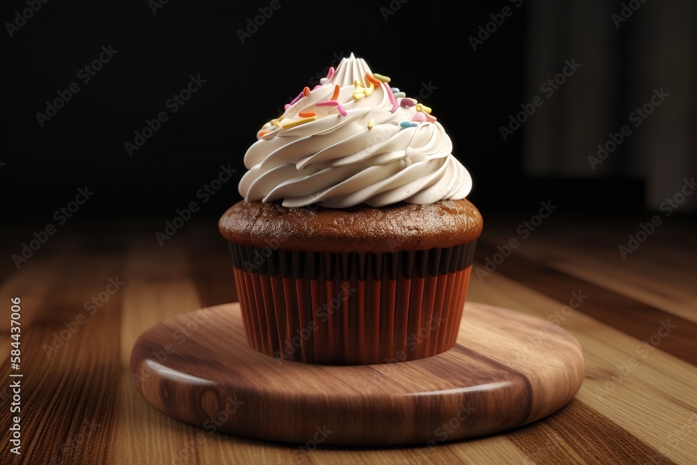  a cupcake with white frosting and sprinkles on a wooden plate on a wooden table top with a black ba