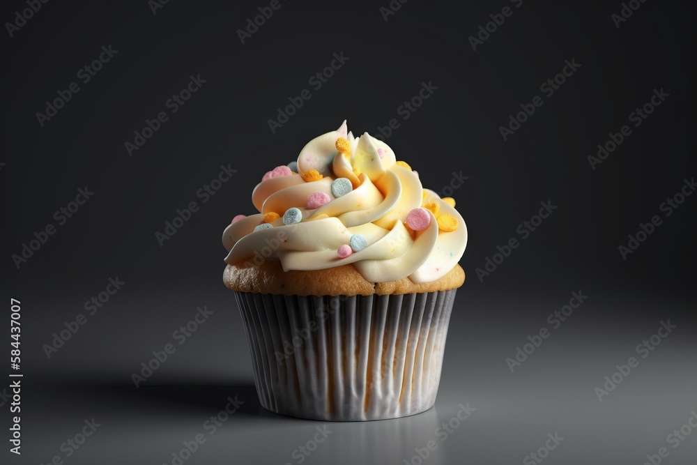  a cupcake with white frosting and sprinkles on its top is on a gray surface with a black backgroun