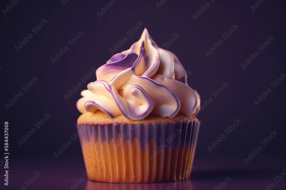  a cupcake with white frosting and purple icing on a purple surface with a purple background with a 