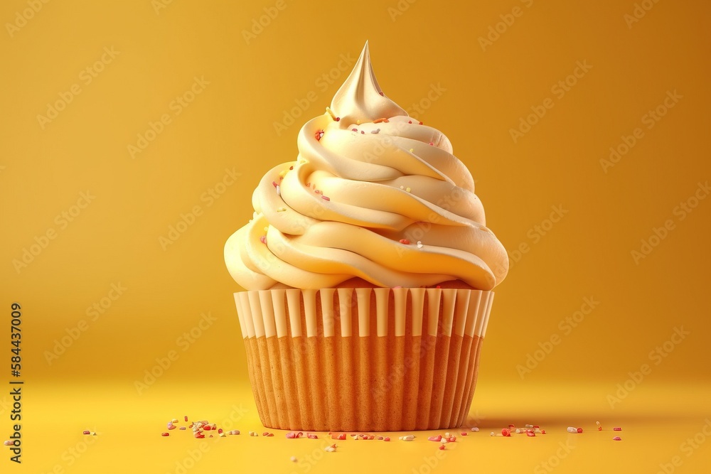  a cupcake with white frosting and sprinkles on a yellow background with a yellow background and a y