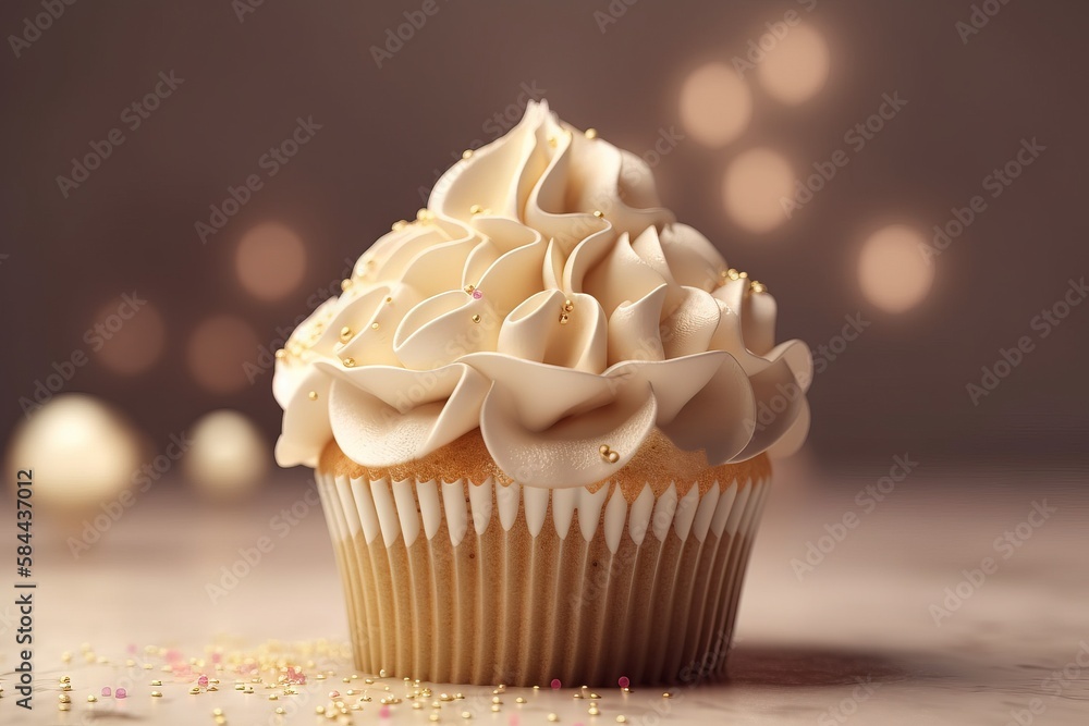  a cupcake with white frosting and sprinkles on a white table with gold confetti around it and a blu