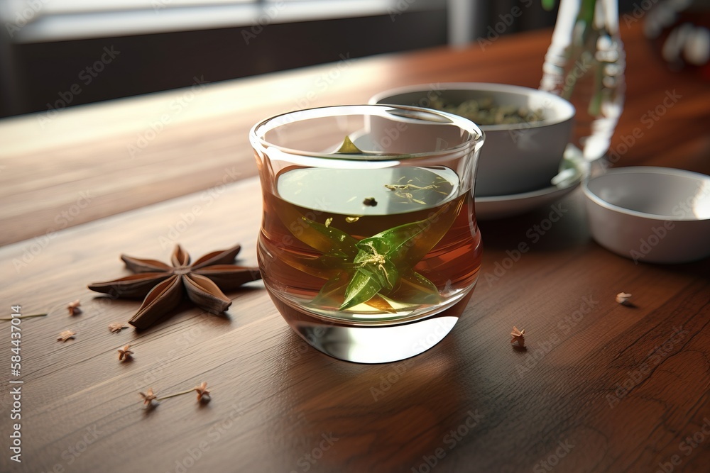  a glass of tea with star anise on a table next to a bowl of star anise and a bowl of star anise.  g