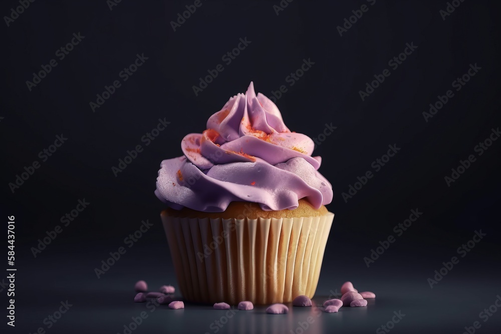  a cupcake with pink frosting and sprinkles on a black background with a dark background and a few s