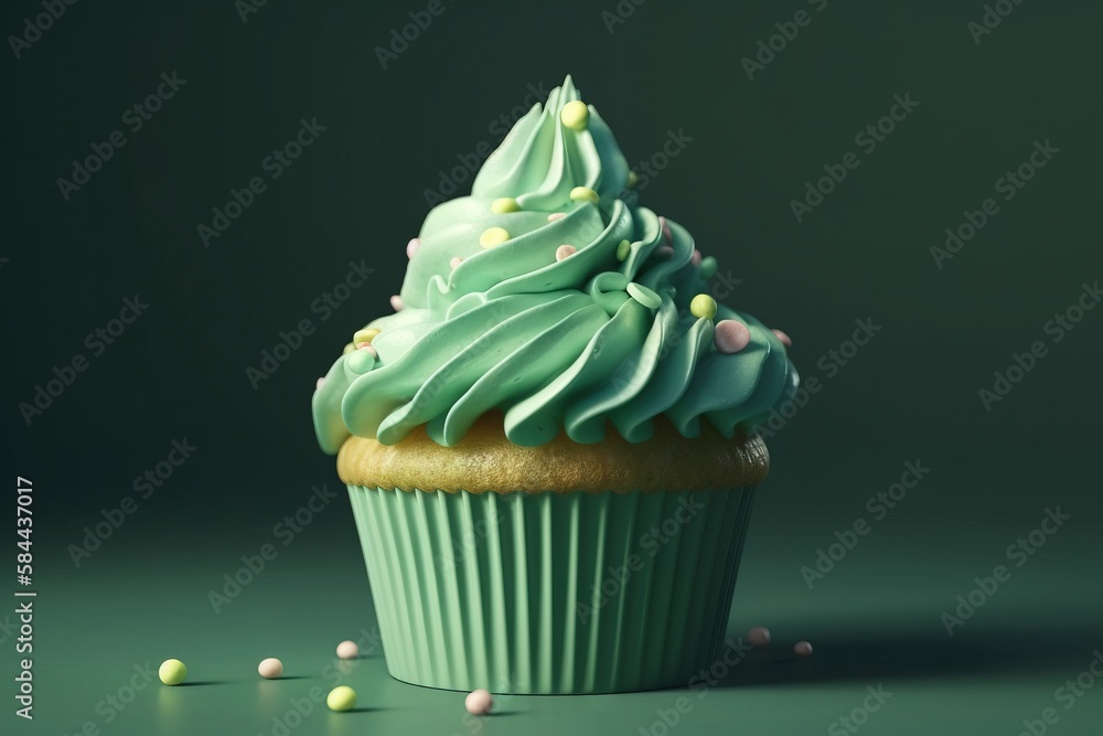  a cupcake with green frosting and sprinkles on a green background with a green background and a gre