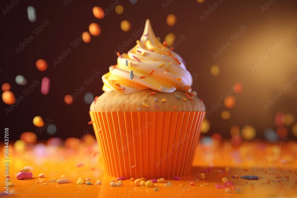  a cupcake with white frosting and sprinkles on a yellow surface with confetti around it and a black