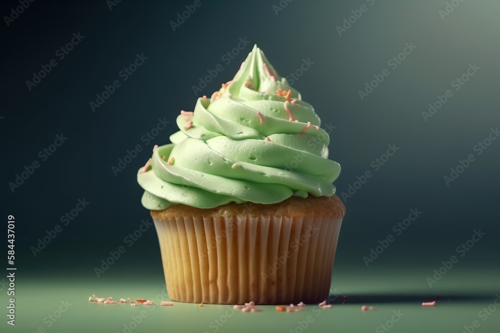  a cupcake with green frosting and sprinkles on a green surface with a shadow of the cupcake on the 