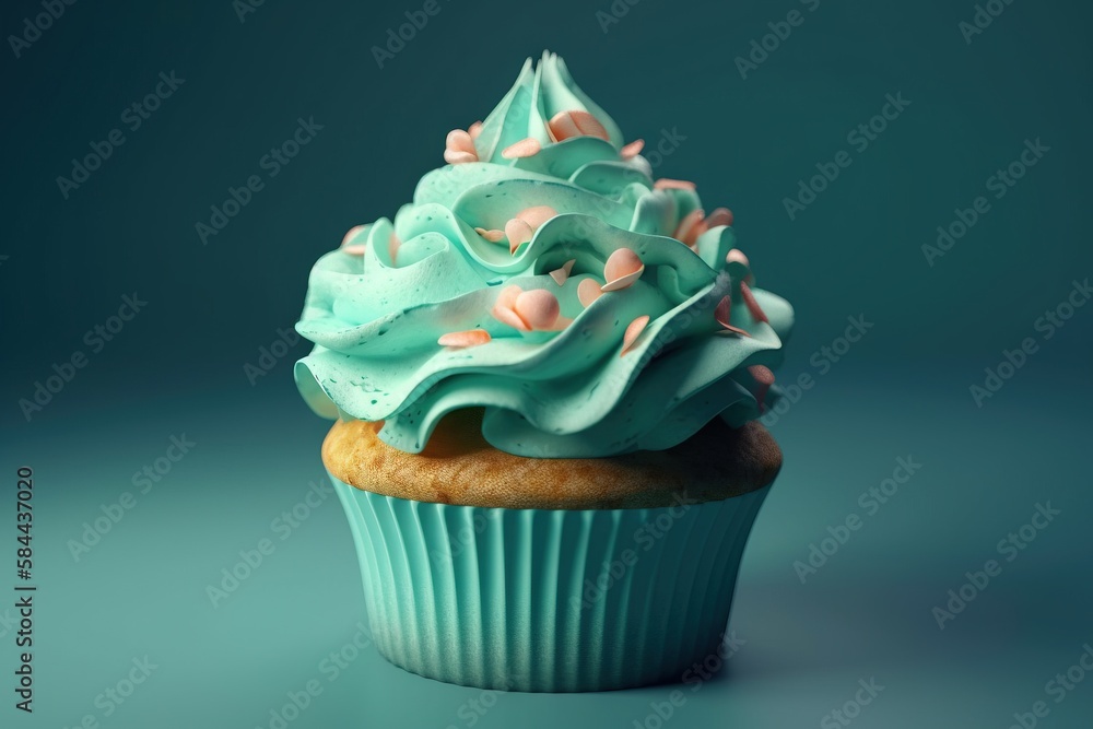  a cupcake with blue frosting and sprinkles on its top on a blue surface with a green background an